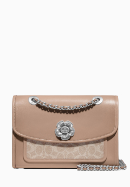 Coated Signature Soft Parker Shoulder Bag Coach Pochette avec fermoir en fleur et bandouilère pas cher
