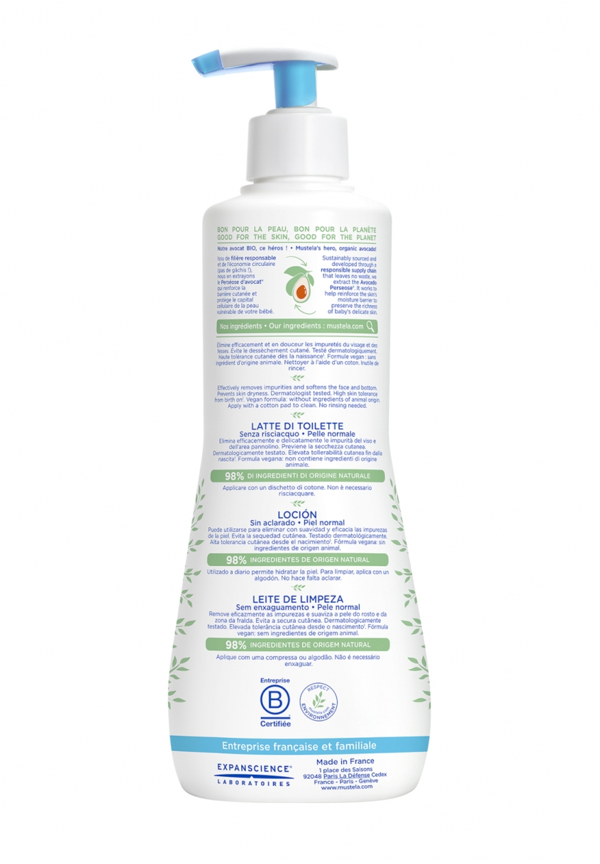 Lait de toilette sans rincage à l'Avocat BIO Mustela Lait de toilette Bébé pas cher